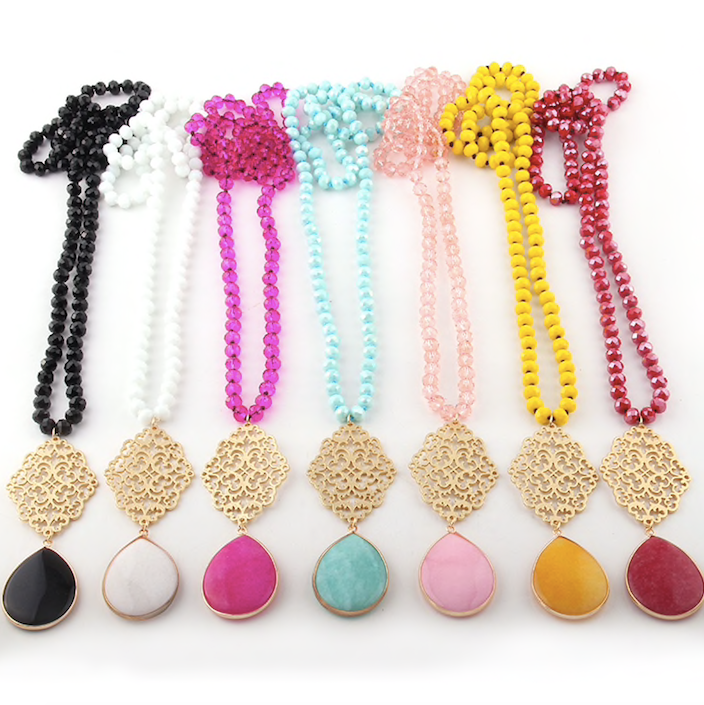 Gold Stone Drop Filigree Statement Necklace