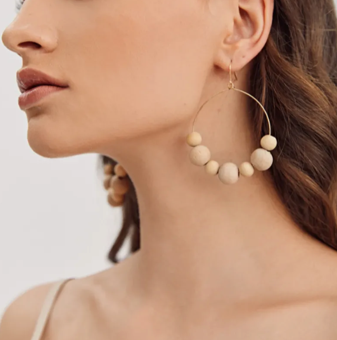 Boho Wood Drop Hoop Earrings