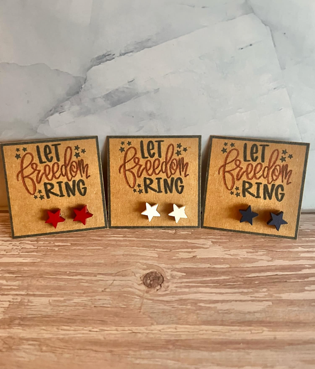 Let Freedom Ring Patriotic Wood Star Stud Earrings