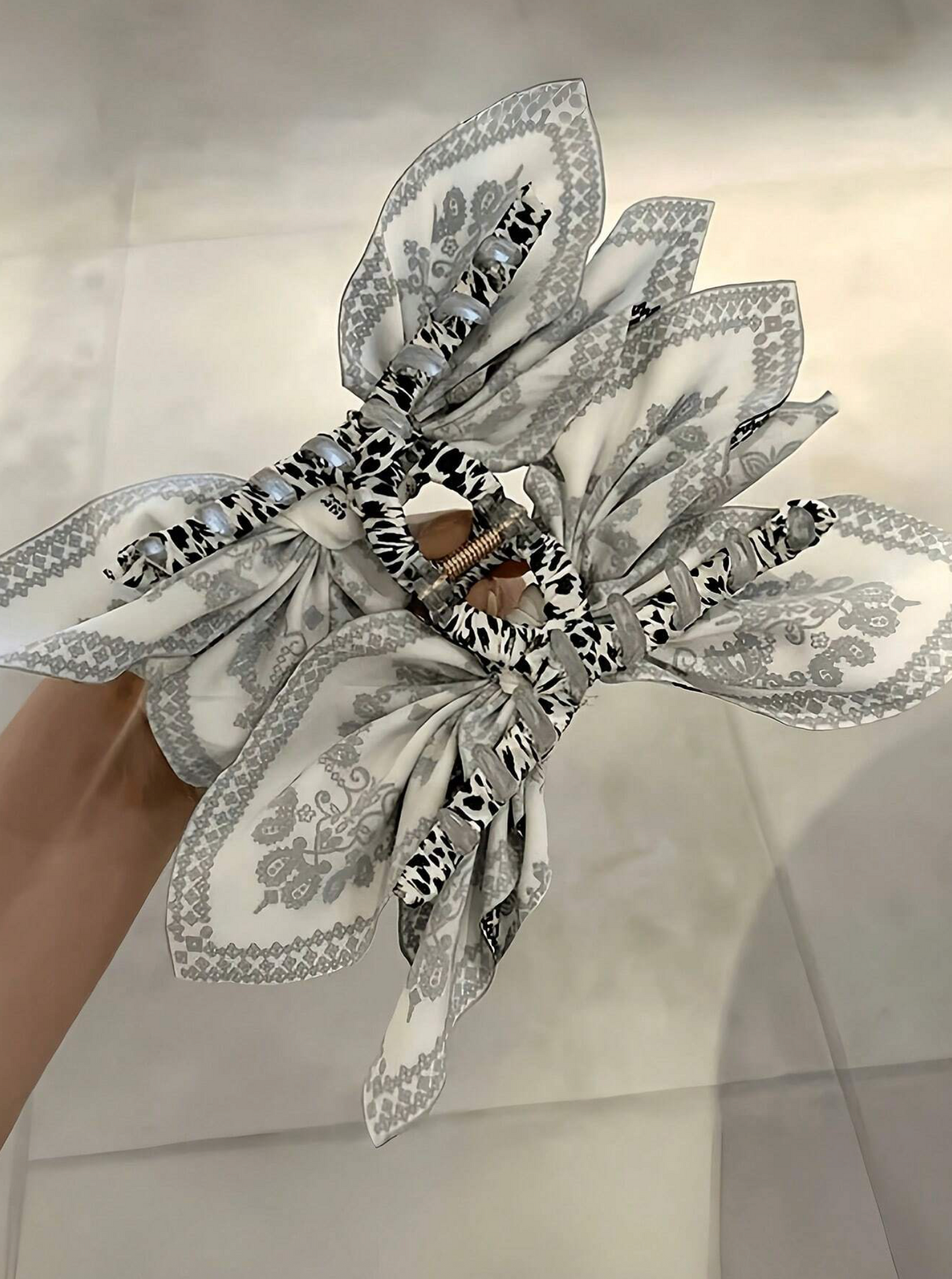 Black and White Print Bow Hair Clips