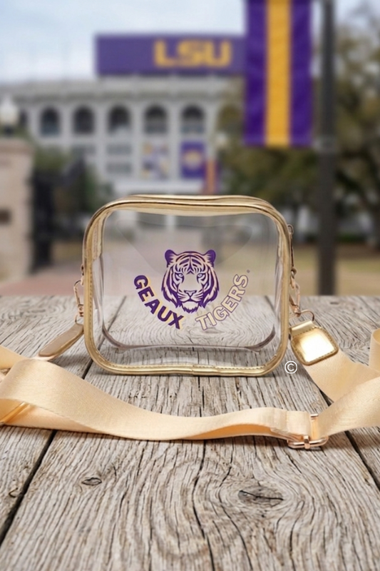 SC - ETA 7/30-8/13 Geaux Tigers Gold Clear Crossbody Bag
