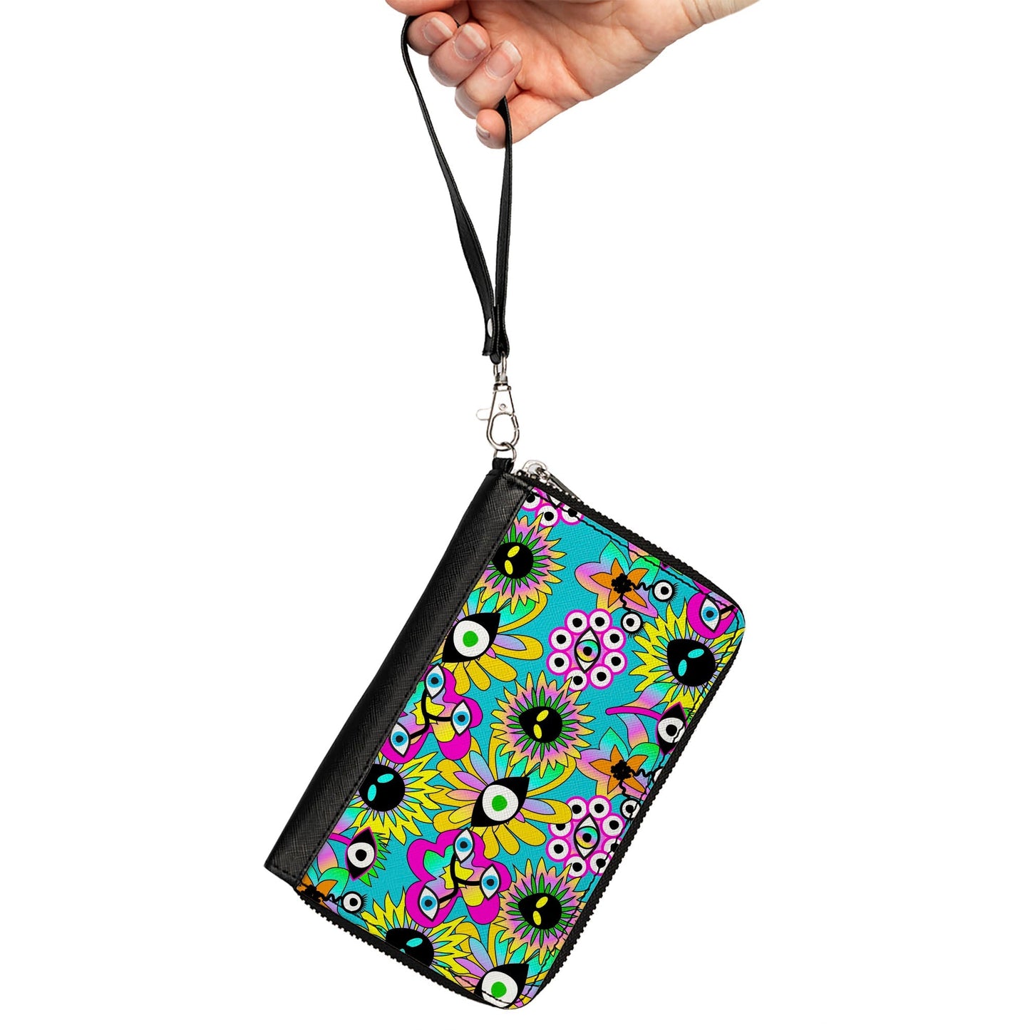 PU Zip Around Wallet Rectangle - Funky Alien Flowers Aqua Blue/Multi Color