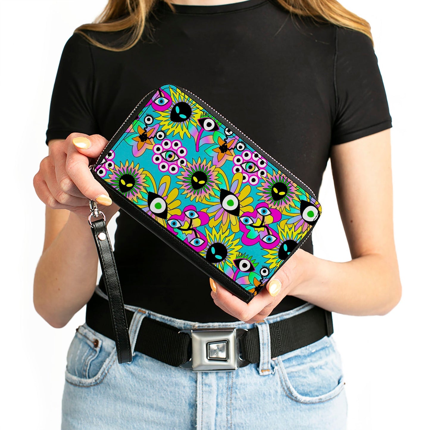 PU Zip Around Wallet Rectangle - Funky Alien Flowers Aqua Blue/Multi Color