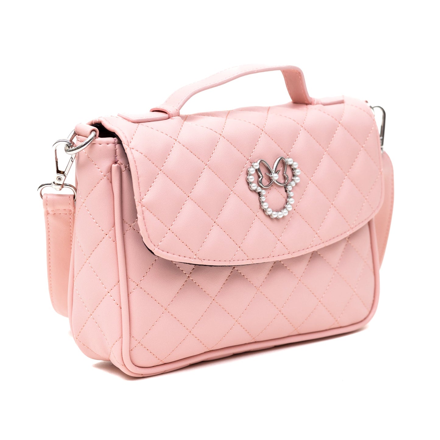 Disney Vegan Leather Fold Over Crossbody Bag for Women, Minnie Mouse Ears and Bow Icon with Mini Faux Pearls, Pink