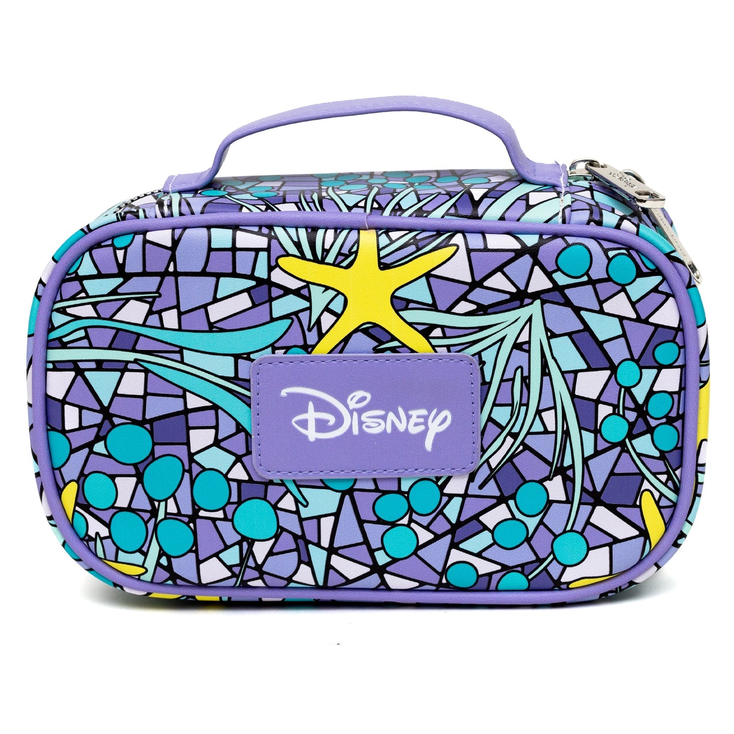 Disney Vegan Leather Travel Cosmetic Bag, Make-Up Bag for Women, The Little Mermaid Ariel Pose Applique Stained Glass Print
