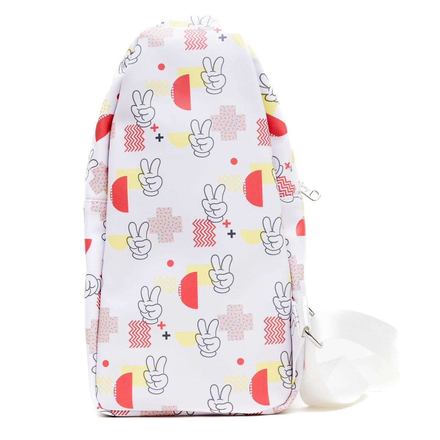 Disney Vegan Leather Crossbody Sling Bag, Mickey Mouse Peace Fingers Applique and Icons Collage, White, 7" x 14"