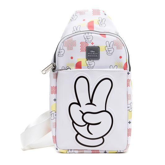 Disney Vegan Leather Crossbody Sling Bag, Mickey Mouse Peace Fingers Applique and Icons Collage, White, 7" x 14"