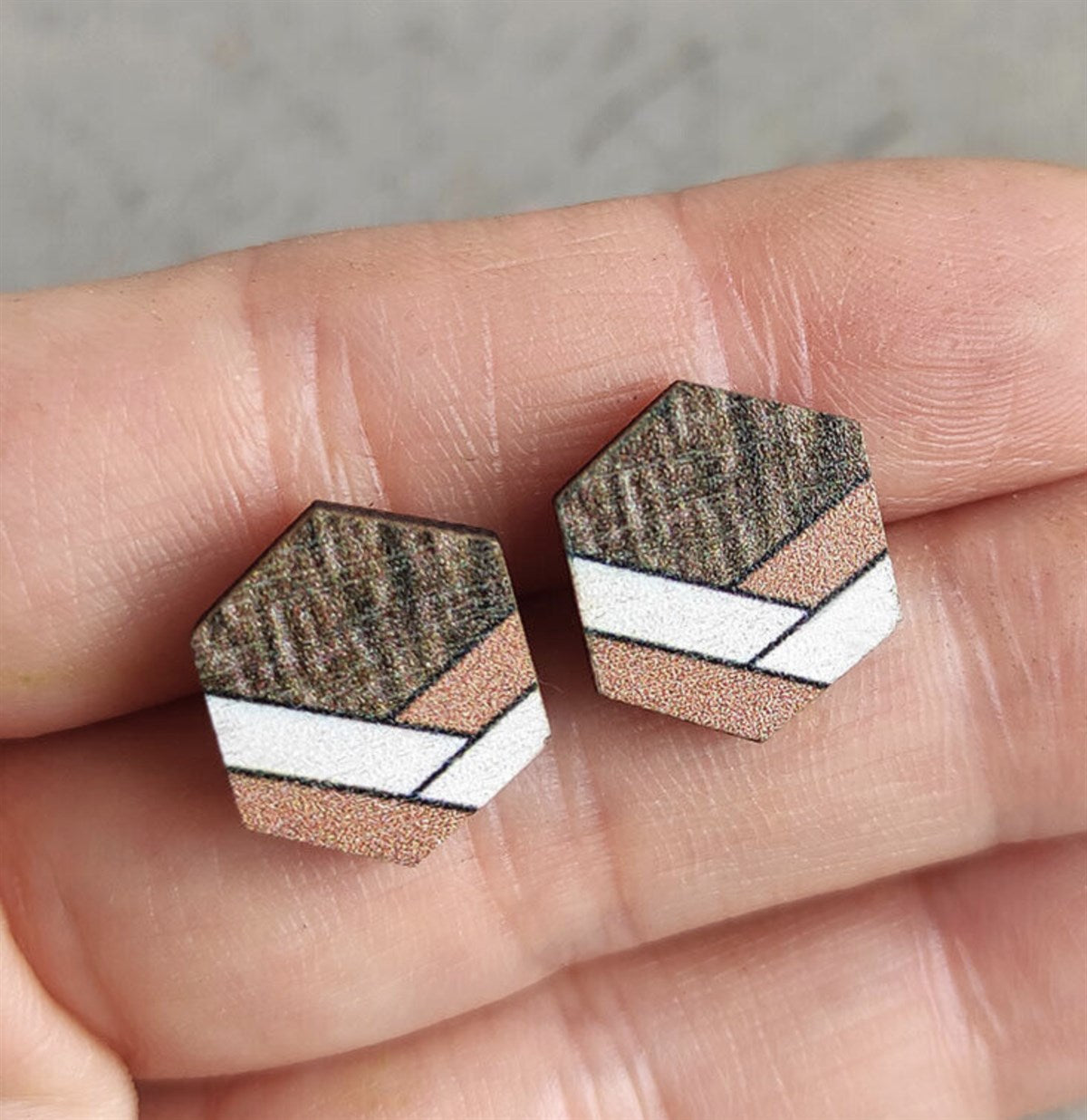 Handmade Wood Painted Geometric Stud Earrings