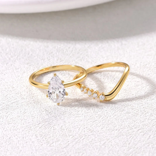 1.5 Carat Moissanite Teardrop Ring 2pcs Set