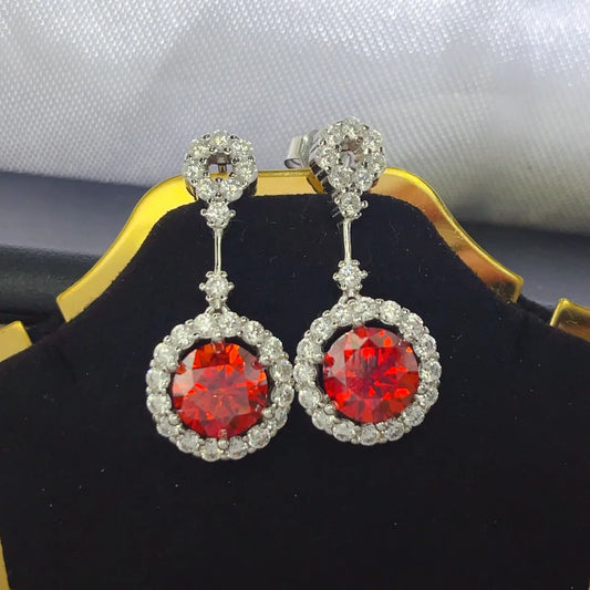 4 Carat Ruby Red Crystal Drop Earrings with Rhinestone Halo