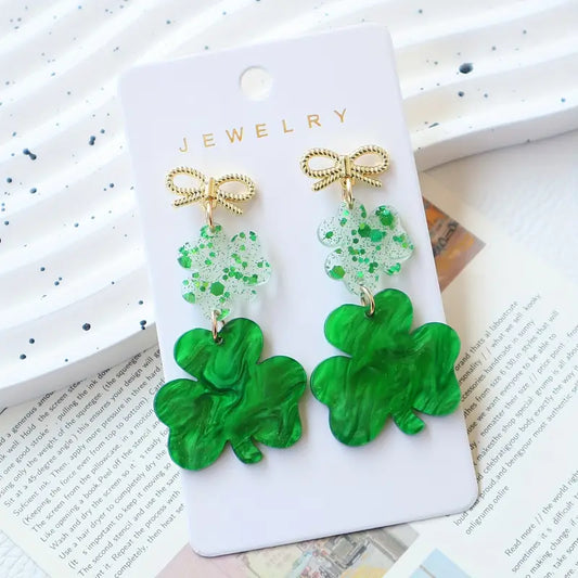 Glitzy Gold Bow Shamrock St. Patricks Day Earrings