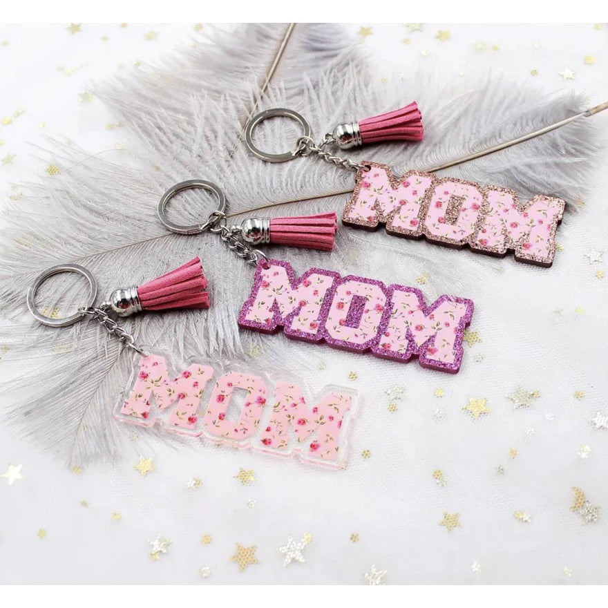 MOM Keychain Glitter Floral Acrylic