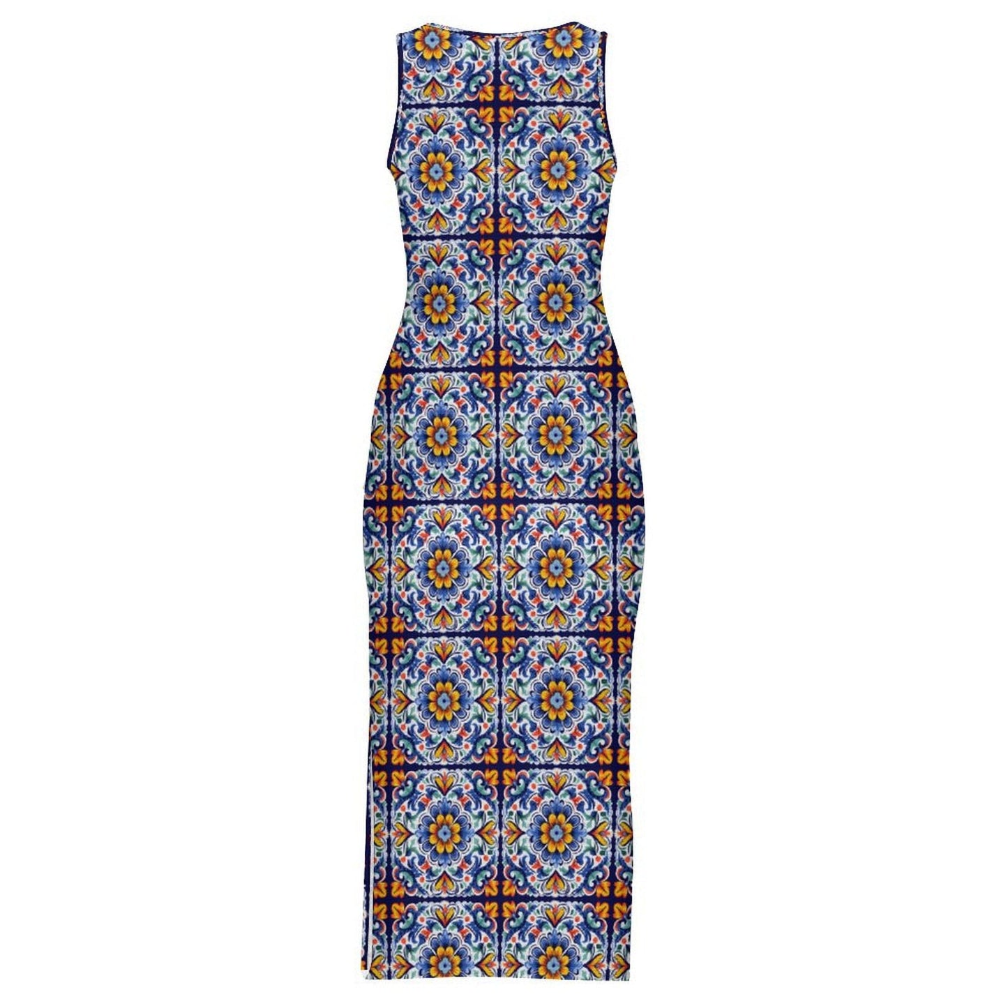Baha Ranch Colores de Mexico Talavera Sleeveless Bodycon Side Slit Long Dress