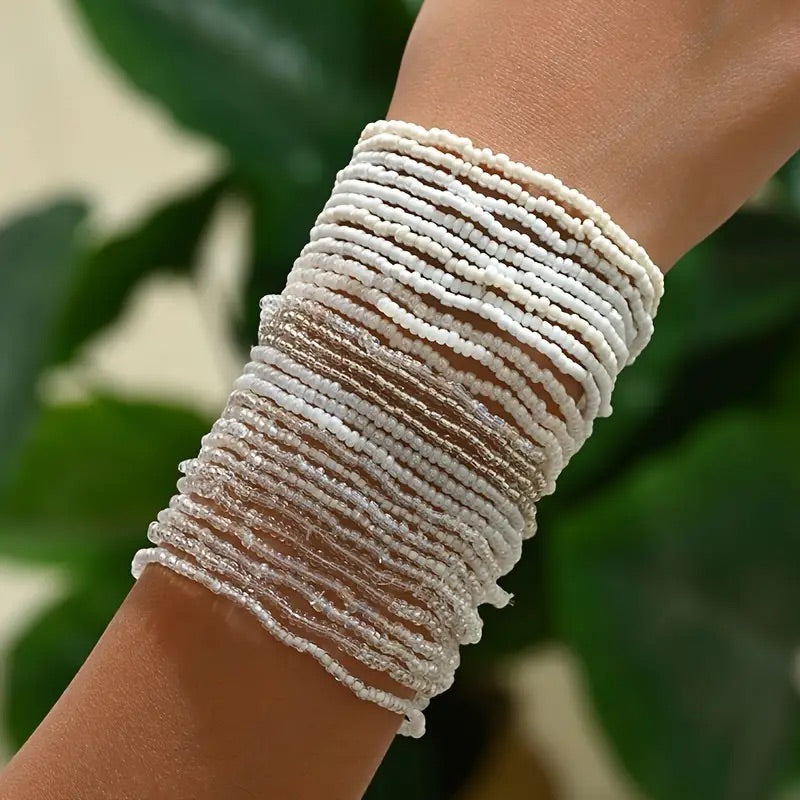 Whites Beaded Glass Bracelets Set