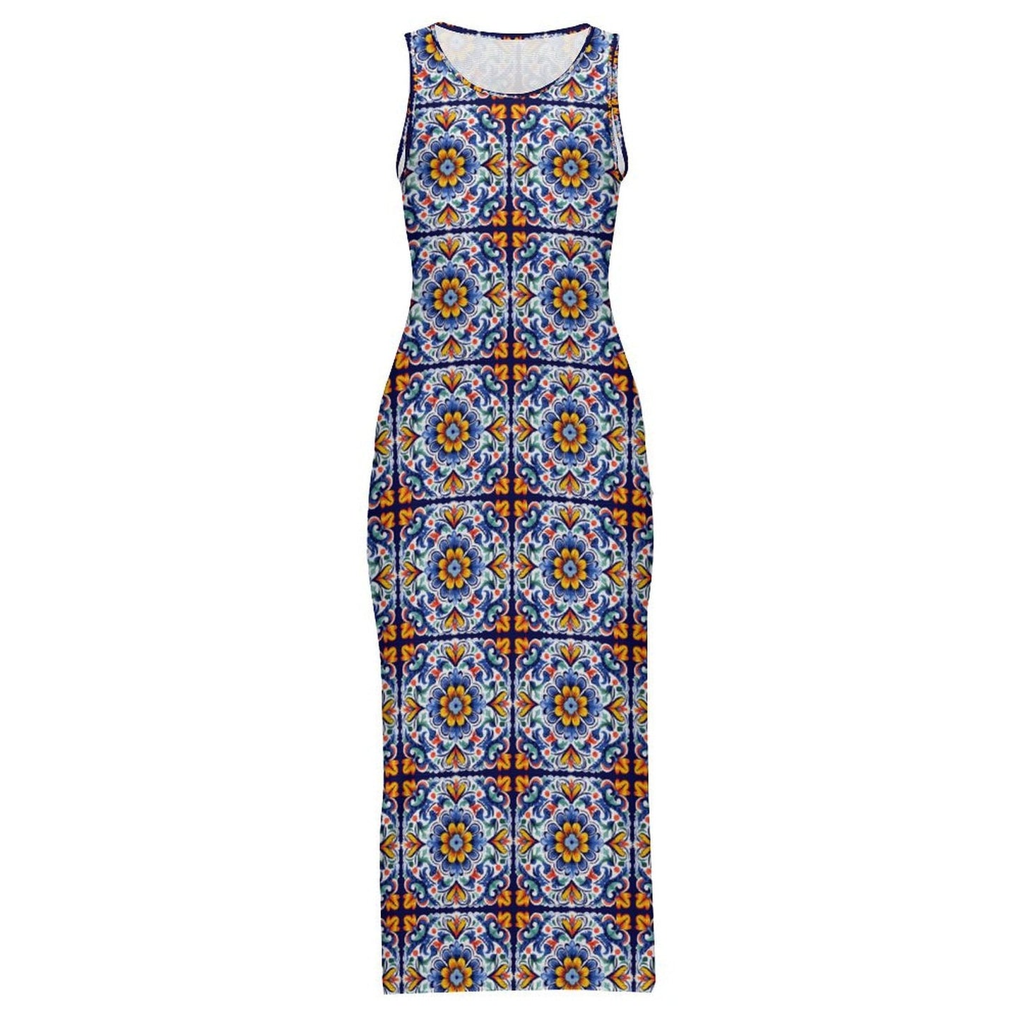 Baha Ranch Colores de Mexico Talavera Sleeveless Bodycon Side Slit Long Dress