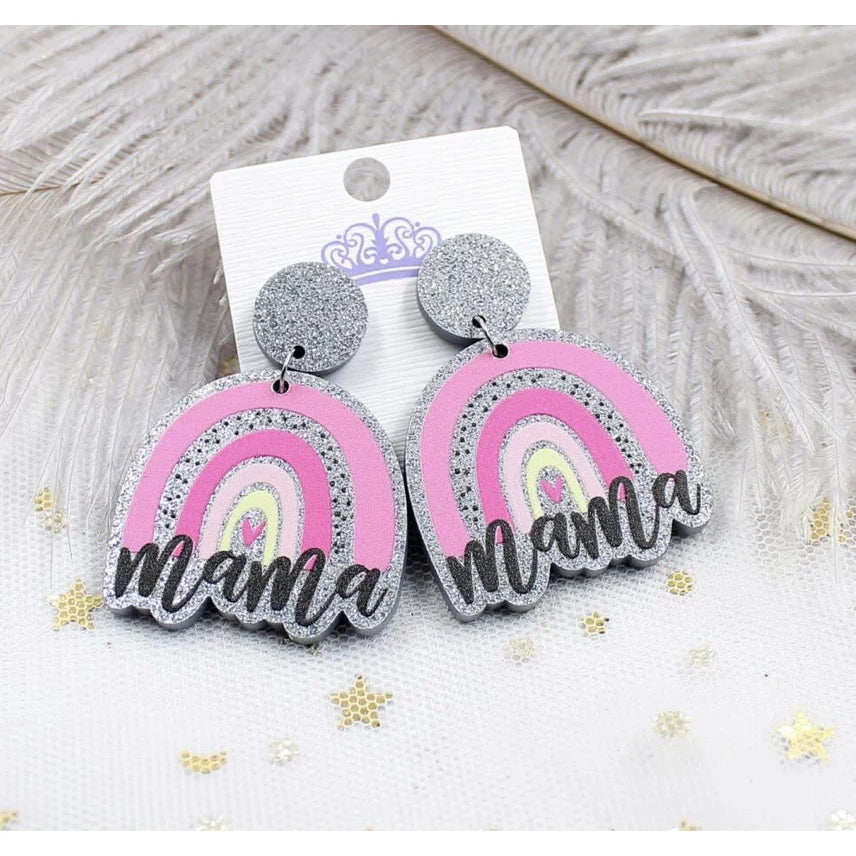 MAMA Glitter Acrylic Rainbow Stud Hang Earrings