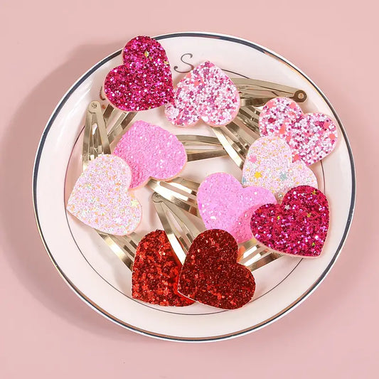 Valentine's Glitter Heart Hair Clips Pack of 10