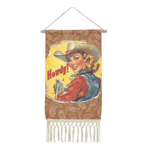 Baha Ranch Howdy Vintage Cowgirl Western Wall Decor Linen Hanging Poster with Fringe Made in America