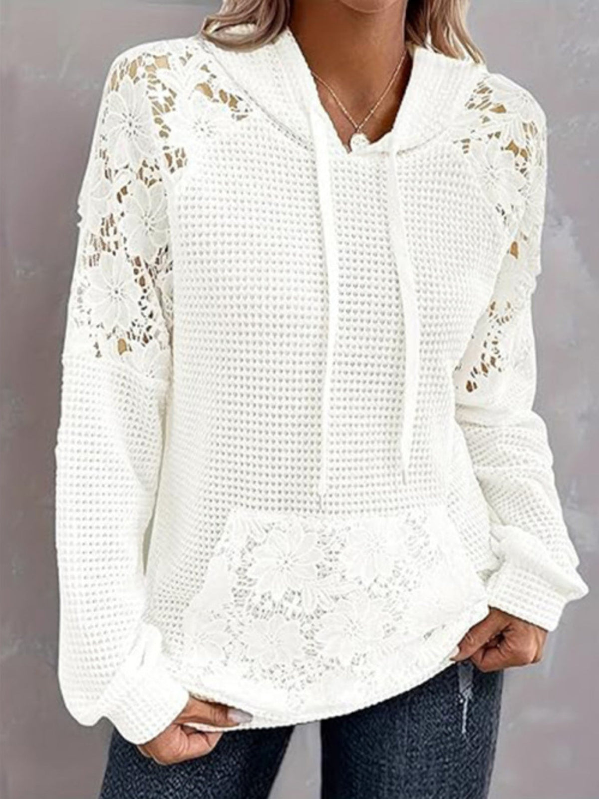 Lace Trim Waffle Knit Hoodie (2XL)