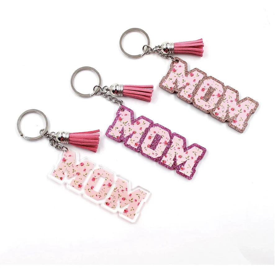 MOM Keychain Glitter Floral Acrylic