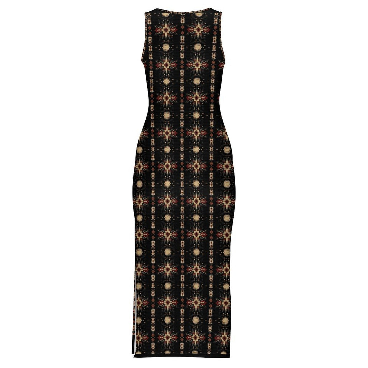 Baha Ranch Black and Tan Aztec Sleeveless Bodycon Side Slit Maxi Dress