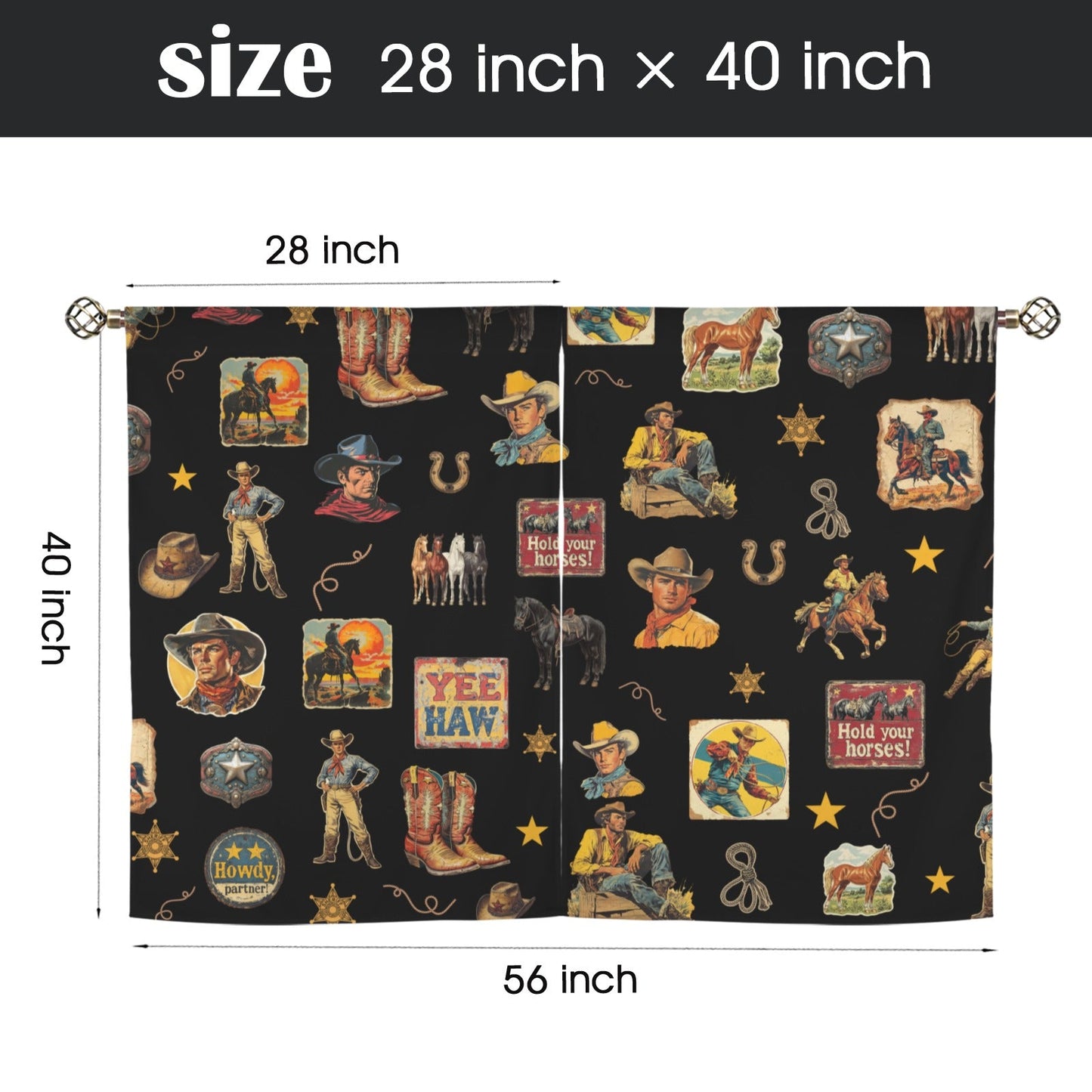 Vintage Cowboy Collage Western Curtains 28" x 40" Made in America