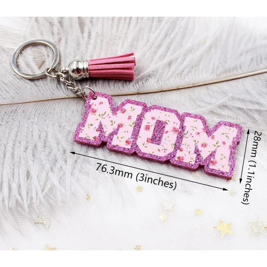 MOM Keychain Glitter Floral Acrylic