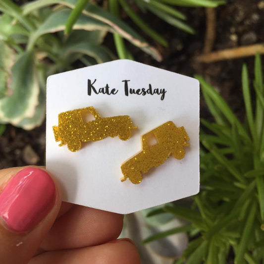 Gold Sparkly Jeep Stud Acrylic Earrings