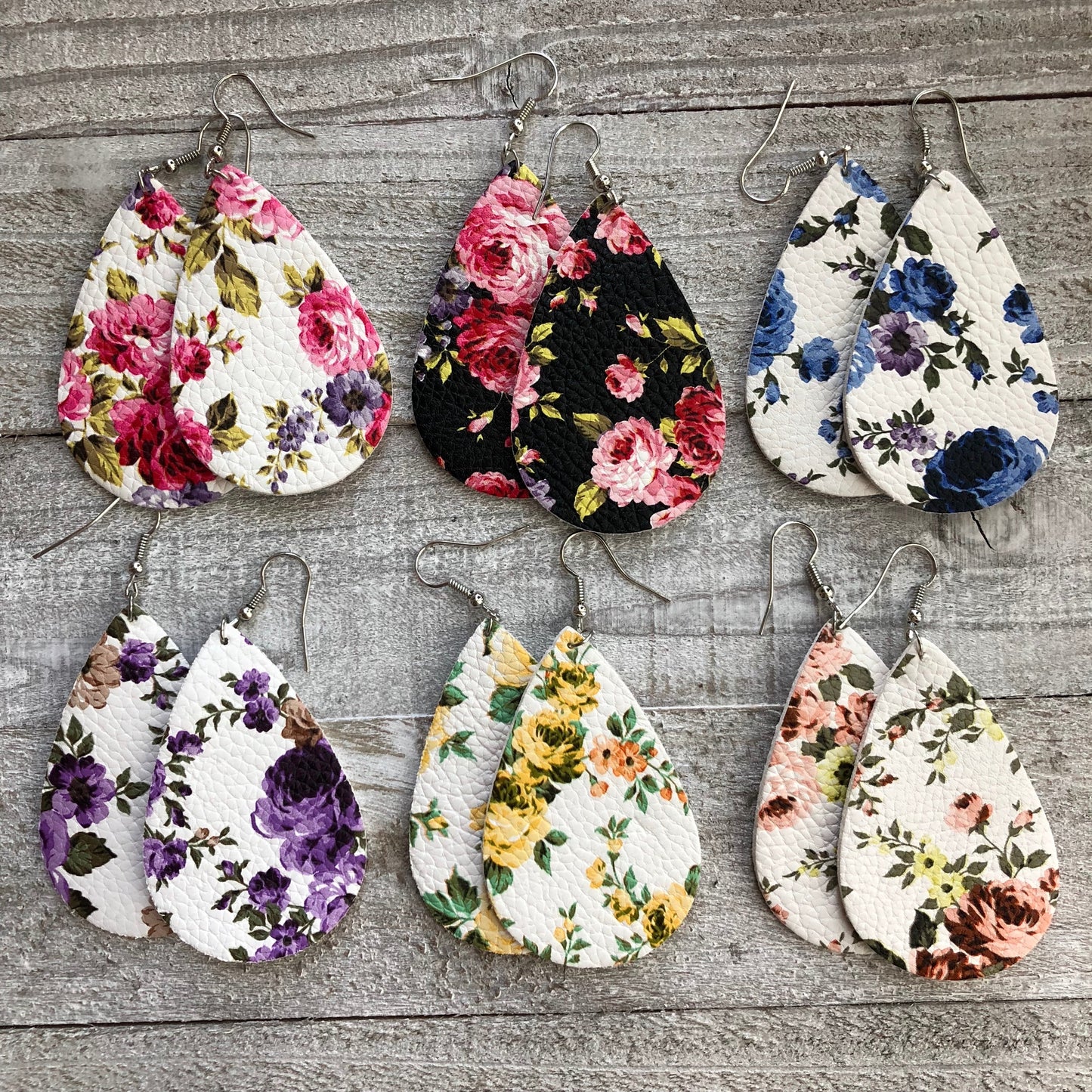 Leather Flower Printed Teardrop Earrings