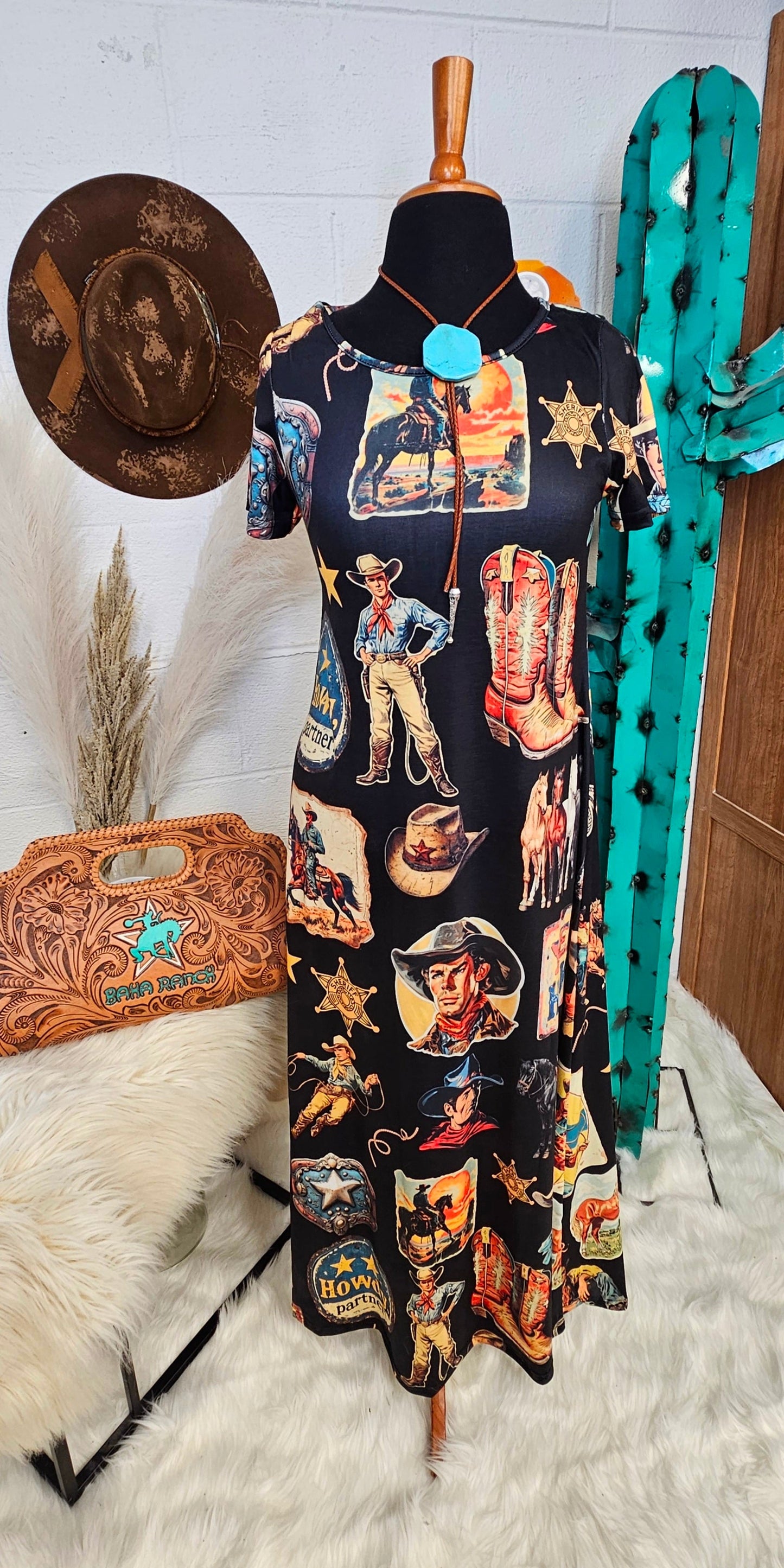 Baha Ranch Vintage Cowboy Collage Western Dress