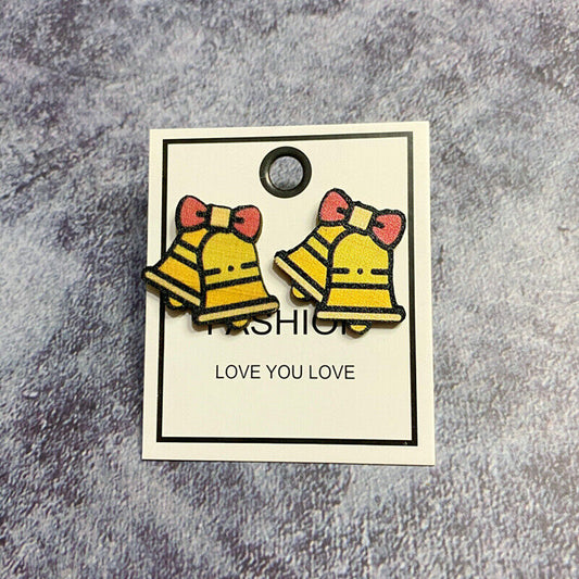 Golden Wood Bell Holiday Stud Earrings