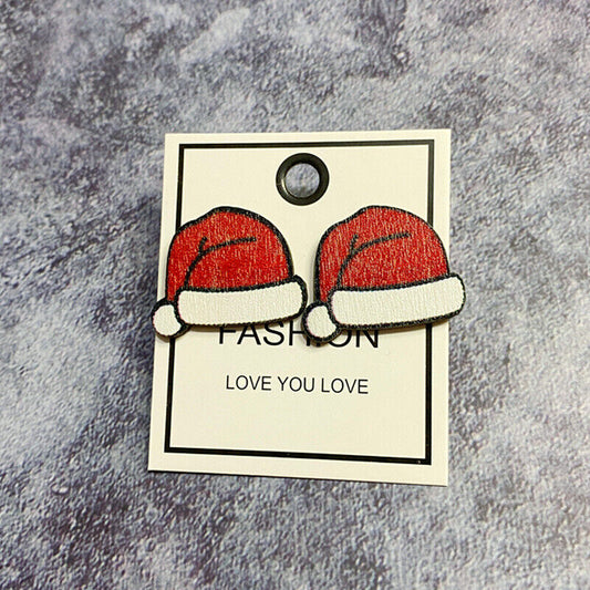 Santa's Hat Wood Holiday Stud Earrings