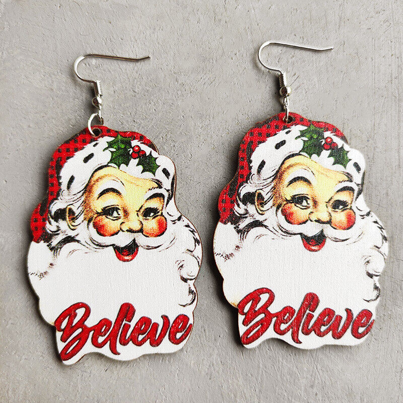 Believe Santa Holiday Wood Earrings
