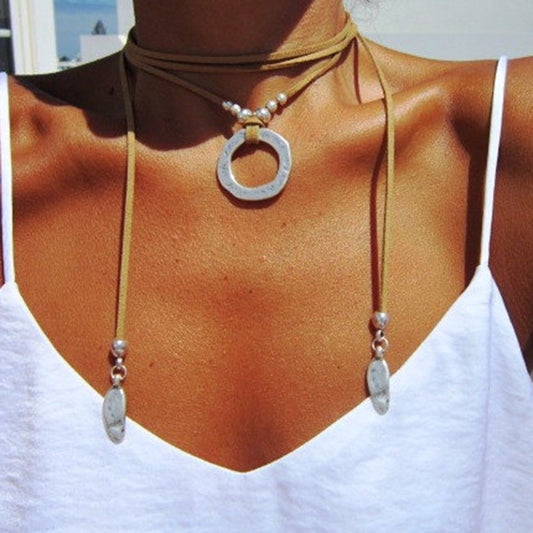 Summer Brown Leather Silver Choker Necklace Wrap