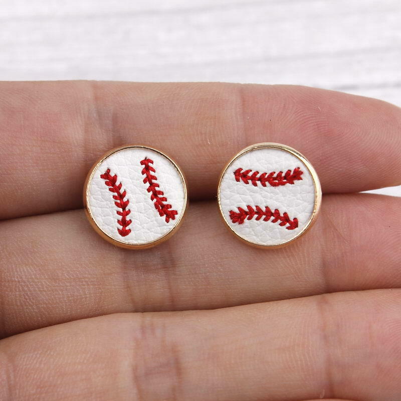 Baseball Leather Embroidered Stud Earrings 14mm