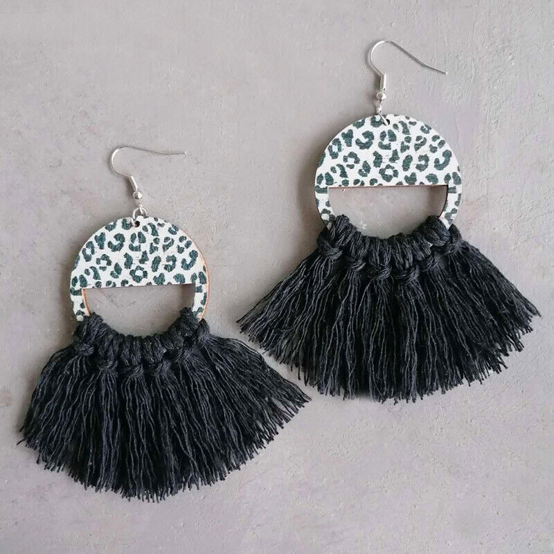 Cheetah Wood Tassel Fall Earrings