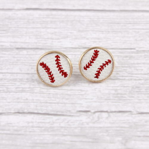 Baseball Leather Embroidered Stud Earrings 14mm